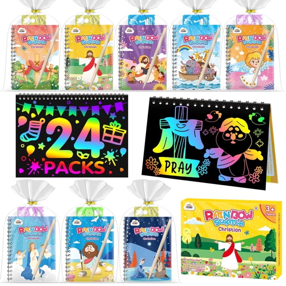 ZMLM 24 Pack Rainbow Scratch Art Notebooks: Party Favors for Kids Birthday Return Gifts Toy Bulk Goodie Bags Stuffers Girls Boys Art Craft Kit Pads Classroom Prizes School (Christian)
