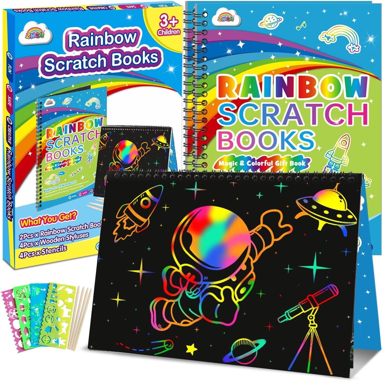 ZMLM Scratch Paper Art-Crafts Gift: 2 Pack Rainbow Notebooks Supplies Toys Easter Basket Stuffers for 3 4 5 6 7 8 9 10 Years Old Girls and Boys Kids Birthday Party Games (Blue)
