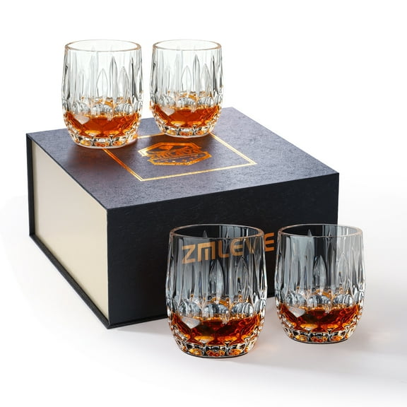 Zmleve Old Fashioned Whiskey Glasses with Deluxe Box - 11 oz. Rocks Drinkware for Scotch, Bourbon, Liquors and Cocktails - Set of 4 - Gifts for Men