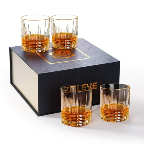 Zmleve Whiskey Glasses Set of Gift Box , 11oz Lead-Free Crystal Glass Old Fashioned Tumbler, Heavy Base Scotch Bourbon Rum Brandy Glasses, Elegant Etched Design,-4 Pack