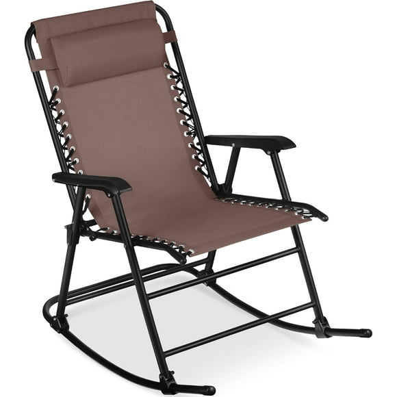ZMMOO Outdoor Folding Rocking Chair - Zero Gravity Lounge Chair with Adjustable Recline, Padded Headrest Pillow, and Portable Design - Weather-Resistant Patio Rocker , Lawn & Deck - Brown