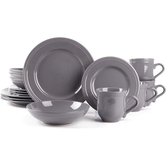 ZMSHOP 16pc Pearl Dots Stoneware Dinnerware Set, Grey - Dishwasher/Microwave Safe