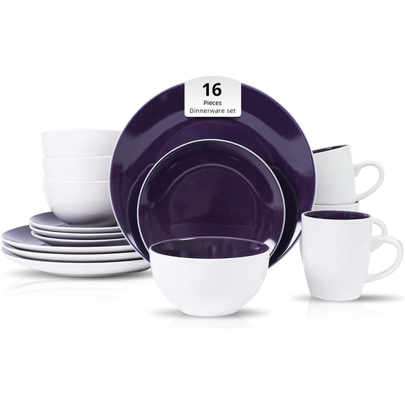 ZMSHOP 16pc Stoneware Dinnerware Set, Violet & White Coupe Plates Bowls Mugs, Service for 4, Dishwasher Safe