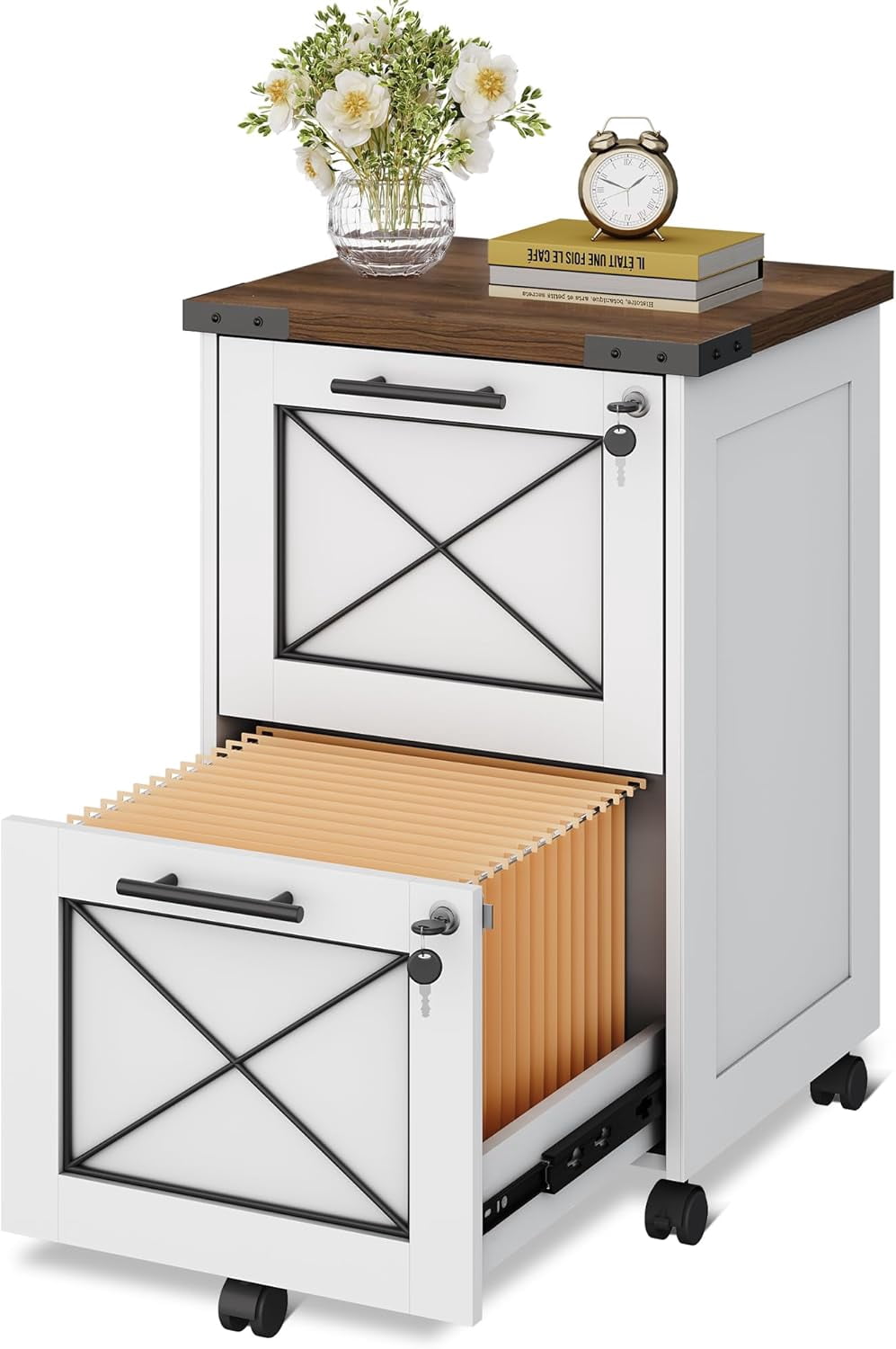ZMSHOP 2 Drawer File Cabinet with Hanging Files, Mobile Rolling Storage Cabinet for Home Office, Under Desk Filing Cabinet with Lock, Printer Stand, White