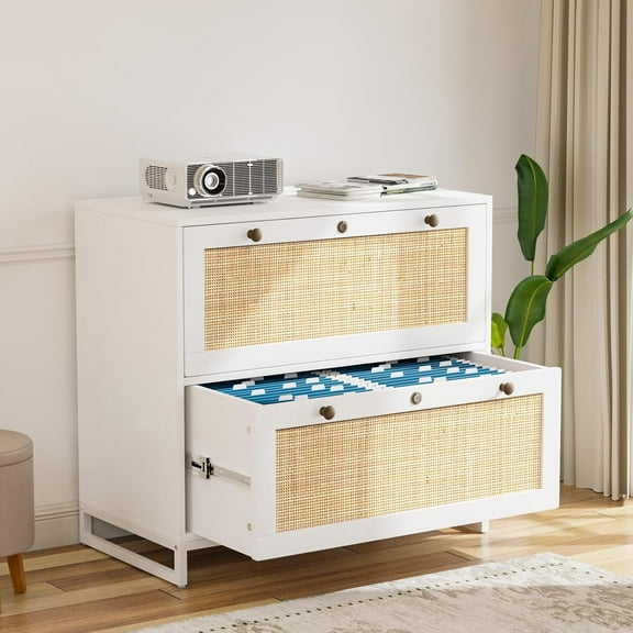 ZMSHOP  2-Drawer Lateral File Cabinet with Lock, White & Rattan Wood, Printer Stand for Letter/Legal Files, Home Office, 30"W x 16"D x 28"H