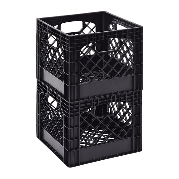 ZMSHOP 2-Pack Black Milk Crates, 11"x13"x13" Heavy-Duty Stackable Storage Bins for Home/Garage, High-Density Polyethylene