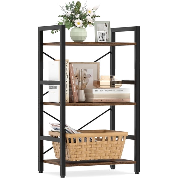 ZMSHOP 3-Tier Bookshelf, Narrow Freestanding Display Shelf with Metal Frame & Wooden Storage Racks, Industrial Bookcase Organizer for Living Room, Study, Office, Rustic Brown & Black