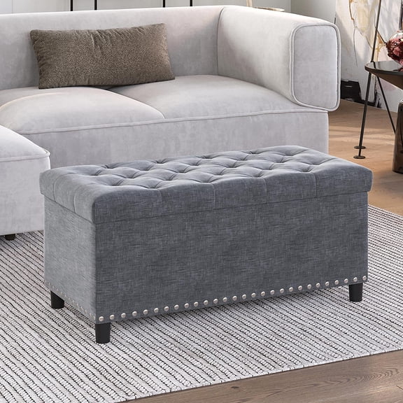 ZMSHOP 31" Gray Tufted Storage Ottoman Bench with Safety Hinge, Foot Rest for Living Room, Bedroom - 300lbs Capacity