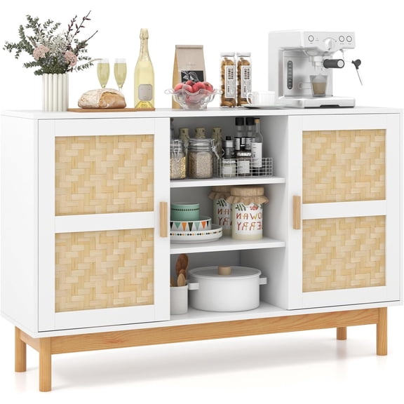 ZMSHOP 48 Sideboard Buffet Cabinet, Floor Storage Cabinet with 2 Bamboo Woven Doors, 3 Open Shelves, Accent Console Table Cupboard for Kitchen, Dining Room, Living Room, Entryway