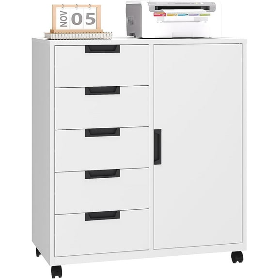 ZMSHOP 5-Drawer Metal Storage Cabinet w/Adjustable Shelves & Wheels - Printer Stand, Craft Organizer, Rolling File Cabinet for Home Office, White