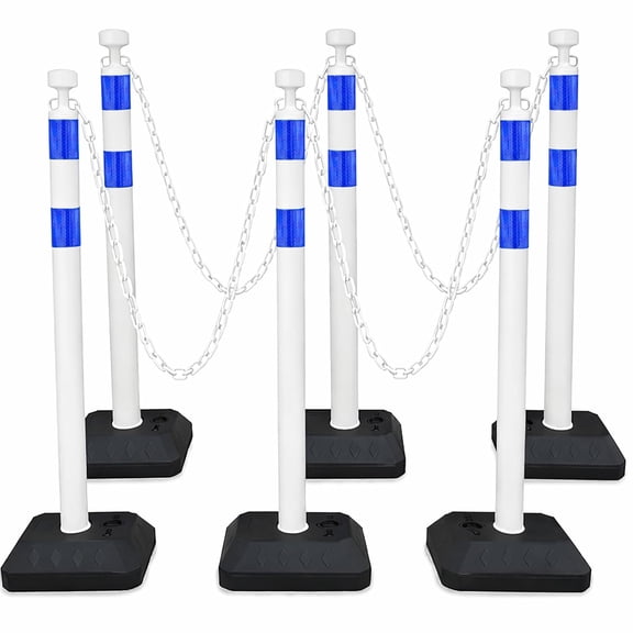 ZMSHOP 6 Pack 40.65" Traffic Delineator Posts with 6.6 Ft Plastic Chains, Crowd Control Stanchion Barrier Set with Fillable Water/Sand Base & Reflective Bands for Parking(White)