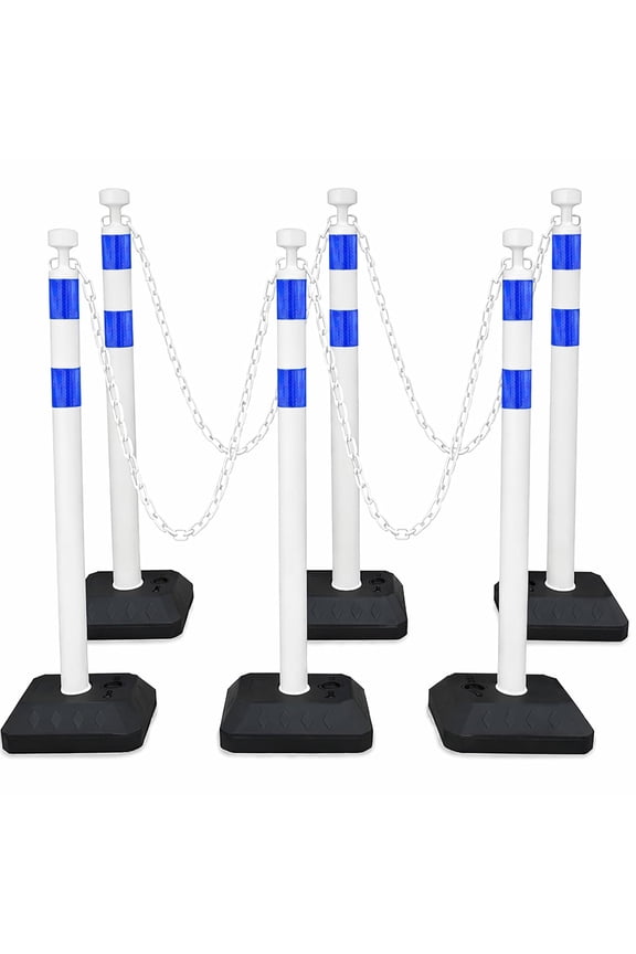 6 Pack 40.65" Traffic Delineator Posts with 6.6 Ft Plastic Chains, Crowd Control Stanchion Barrier Set with Fillable Water/Sand Base & Reflective Bands for Parking(White)