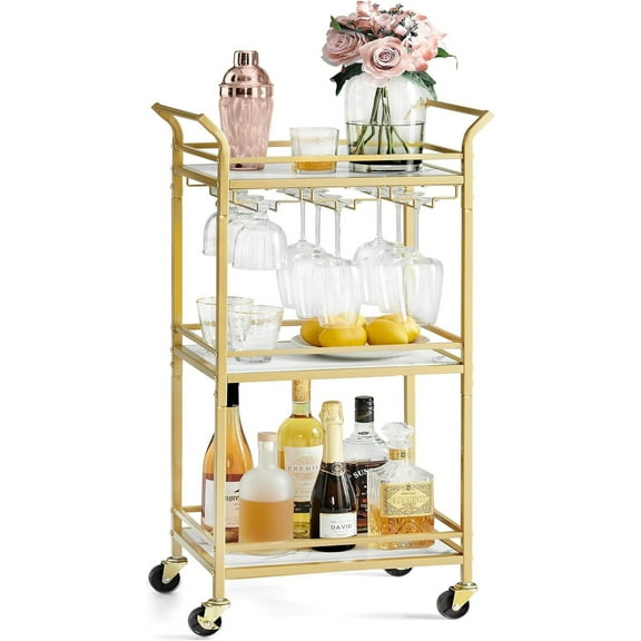 ZMSHOP Bar Cart, 3-Tier Home Serving Cart with Wine Rack & Glass Holders, Marble Pattern, Pale Gold, for Small Spaces