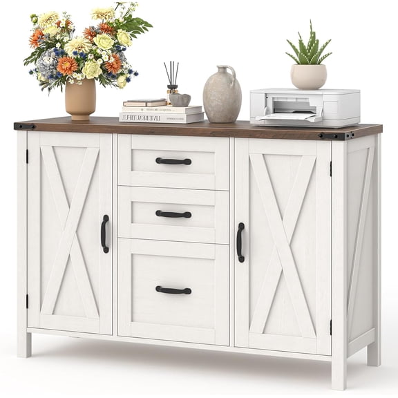 ZMSHOP Farmhouse Lateral File Cabinet, 3-Drawer Wooden Filing Cabinet for Letter/A4 Files, Printer Stand with Door & Shelves, Rustic White for Home Office