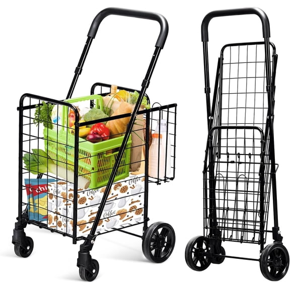 ZMSHOP Grocery Shopping Cart, Foldable Heavy Duty Utility Cart w/Adjustable Handle, Extra Basket & 360 Rolling Swivel Wheels, Lightweight Trolley Cart for Grocery Laundry Luggage (Black)