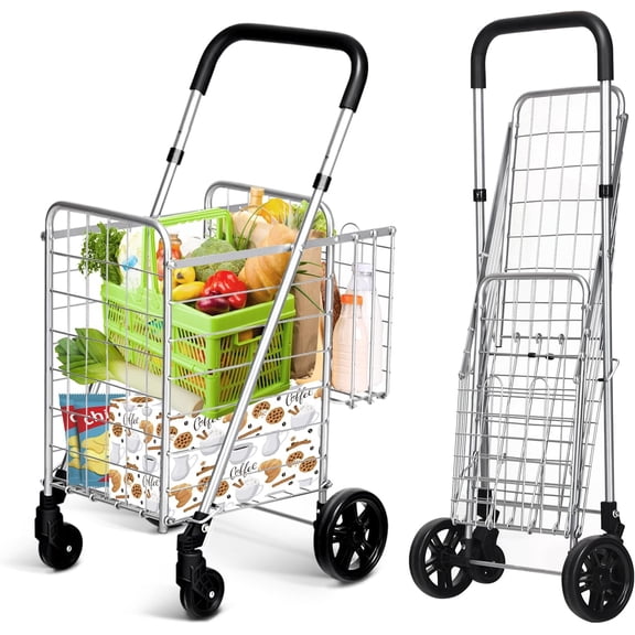 ZMSHOP Grocery Shopping Cart, Foldable Heavy Duty Utility Cart w/Adjustable Handle, Extra Basket & 360 Rolling Swivel Wheels, Lightweight Trolley Cart for Grocery Laundry Luggage (Sliver)