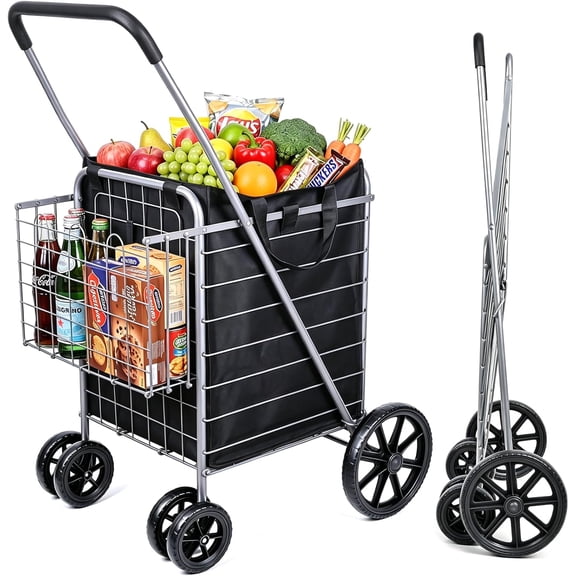 ZMSHOP Heavy Duty Folding Shopping Cart, 9" Front Wheels Conquer Stairs & All-Terrain, 360 Swivel Rear, Waterproof Liner, Double Basket Grocery Utility Wagon