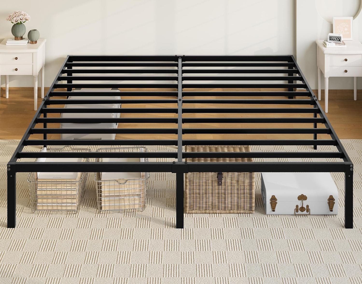 ZMSHOP King Size Bed Frame, 14 inch Metal Platform Beds with Storage Space, No Box Spring Needed and Easy Assembly, Black