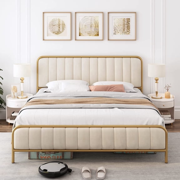 ZMSHOP King Size Upholstered Bed Frame w/Tufted Headboard, Golden Metal Base, Wood Slats, No Box Spring, Easy Assembly