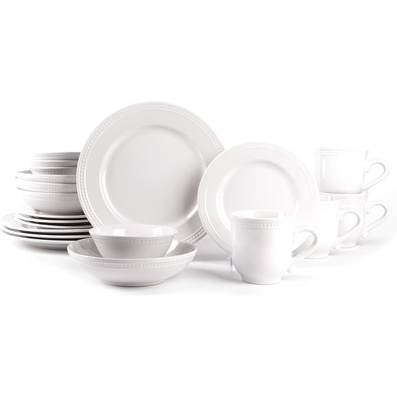ZMSHOP Pearl Dots 20pc Stoneware Dinnerware Set, Service for 4, White - Dishwasher & Microwave Safe