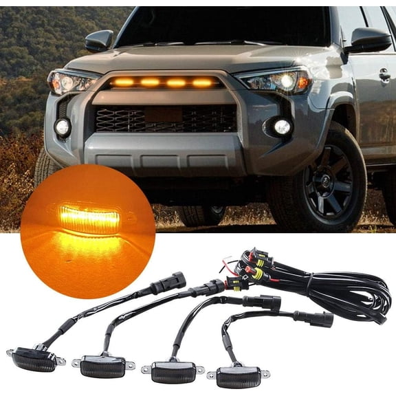 ZMX 4 PCS Car LED Grille Lights Insert Fit, Waterproof Bright Front Grill Trim Lamps with Wiring Harness, Bumper LED Running Lights (Yellow)Universal Fit for Truck SUV