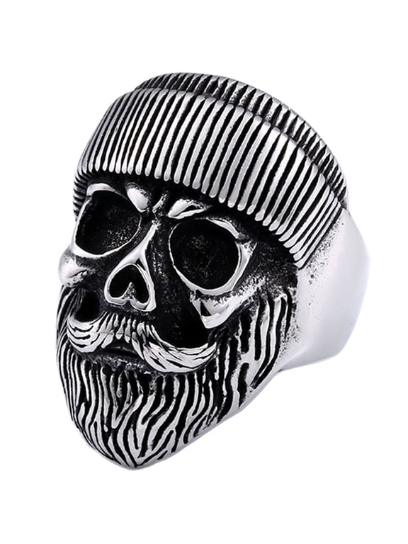 Biker Ring Stainless Steel Handmade Jewelry Cool Punk Rock Beard Skull Head Ring (13)