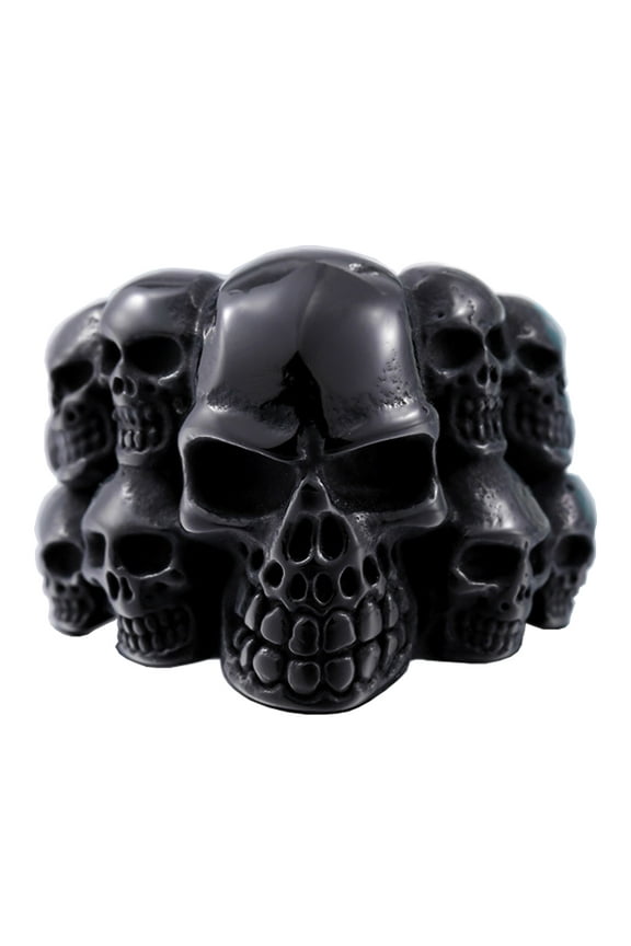 Black Skull Ring Stainless Steel Handmade Jewelry Cool Punk Rock Faces of Skull Band Ring (13)