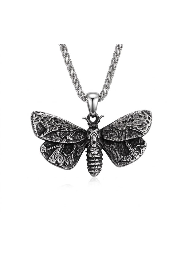 Death's-head Hawkmoth Necklace, Vintage Silver Tone Moth Pendant , Antique Goth Insect Jewelry Gift for Women