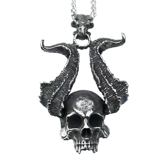ZMY Home Devilish Skull Stainless Steel Necklace - Gothic Demon Skull Pendant with Huge Horn Design Jewelry