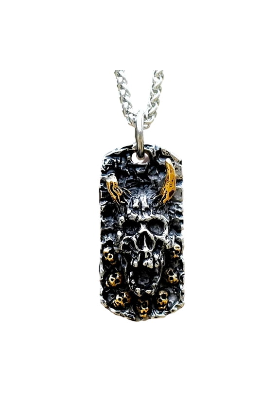 Devilish Stainless Steel Necklace - Demon Skull Dog Tag Pendant with Golden Horns Design Gothic Jewelry