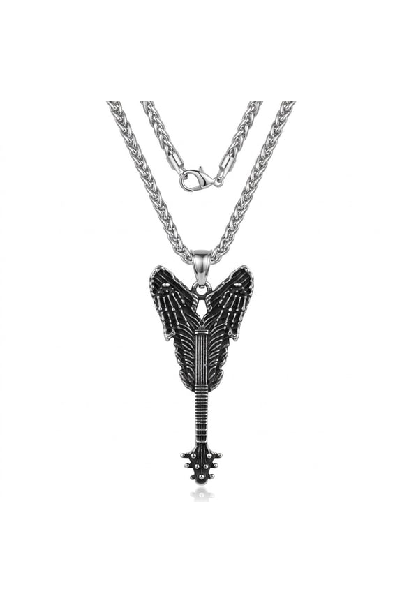 Gothic Guitar Wings Pendant Necklace, Antique Silver Rock & Roll Steampunk Skull Jewelry for Men Women