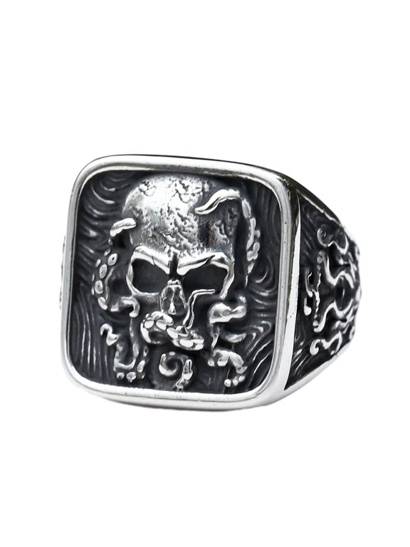 Gothic Pirate Skull Ring - Stainless Steel Signet Ring for Men - Octopus Kraken Tentacle Design Jewelry Gift (8)