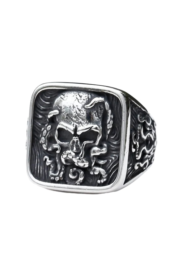 Gothic Pirate Skull Ring - Stainless Steel Signet Ring for Men - Octopus Kraken Tentacle Design Jewelry Gift (8)