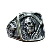 ZMY Textured Skull Ring - Stainless Steel Biker Band with Detailed Hook Design, Adjustable Size 10