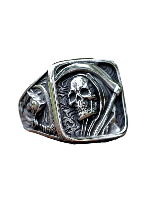 Gothic Skull Ring - Stainless Steel Signet Ring for Men - Reaper Ring with Hook Design - Unique Jewelry Gift for Him (12)