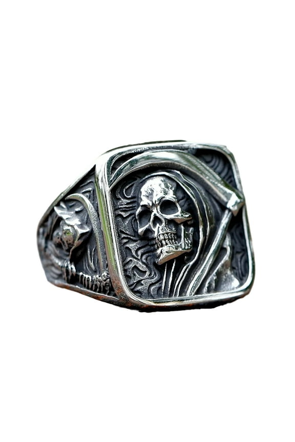 Gothic Skull Ring - Stainless Steel Signet Ring for Men - Reaper Ring with Hook Design - Unique Jewelry Gift for Him (12)