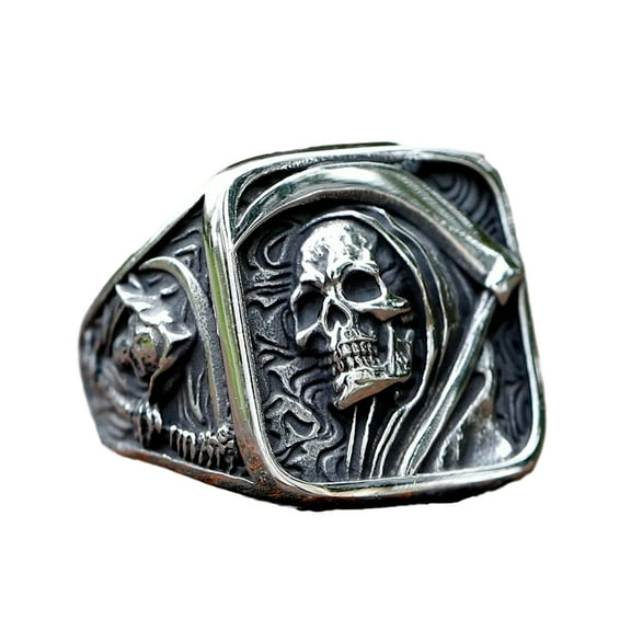 ZMY Home Gothic Skull Ring - Stainless Steel Signet Ring for Men - Reaper Ring with Hook Design - Unique Jewelry Gift for Him (13)