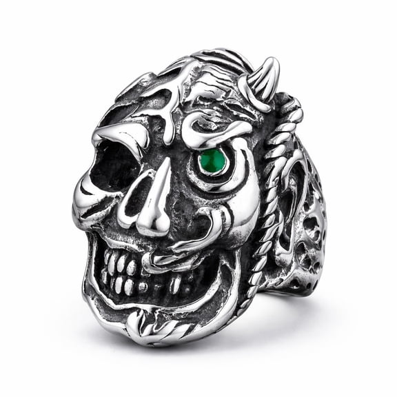ZMY Home Skull Ring for Men, Stainless Steel Half Face Hannya Ring with Green Eye, Punk Rock Gothic Statement Jewelry (13)