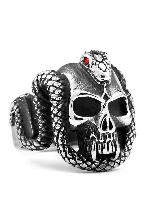 Skull Rings Stainless Steel Jewelry Snake on Skull Head of Vampire Ring (8)