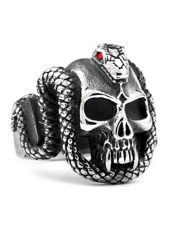 Skull Rings Stainless Steel Jewelry Snake on Skull Head of Vampire Ring (9)