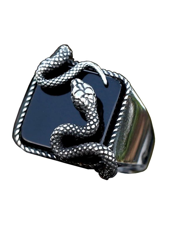 Stainless Steel Black Gemstone Ring - Serpent Carving Design Snake Band Jewelry (10)