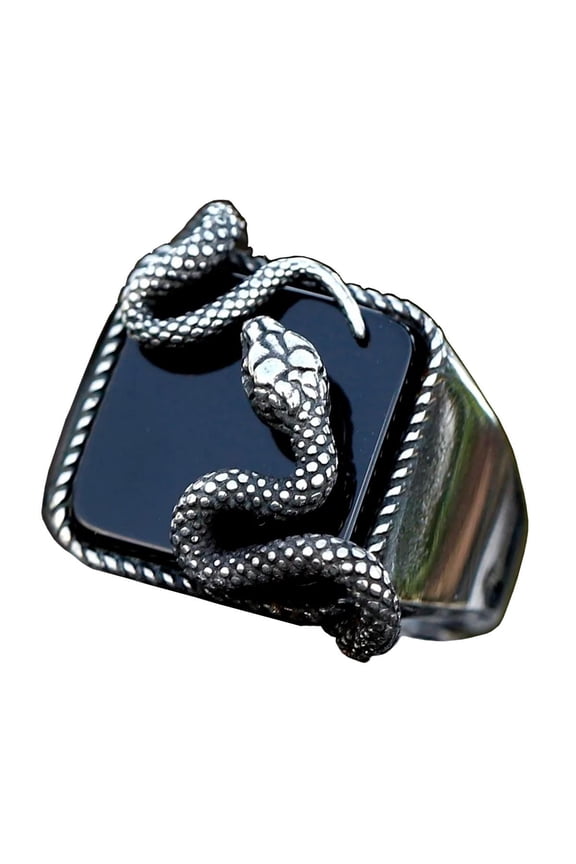 Stainless Steel Black Gemstone Ring - Serpent Carving Design Snake Band Jewelry (7)