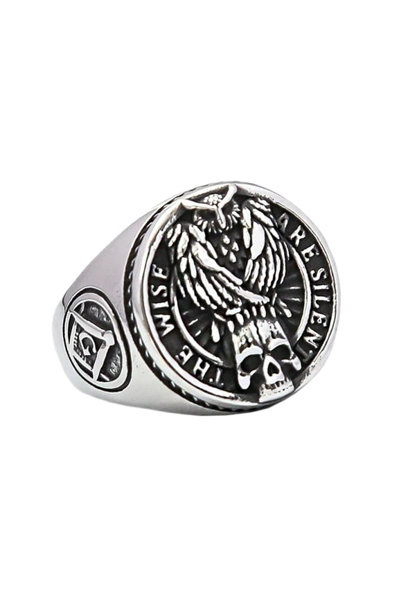 Stainless Steel Masonic Signet Ring - Owl on Skull Design Statement Jewelry (10)