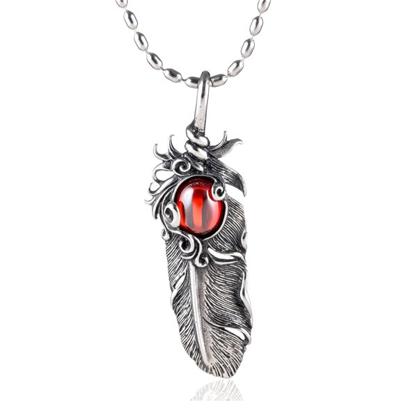 ZMY Home Stainless Steel Necklace - Elegant Feather Pendant with Red Gemstone Jewelry