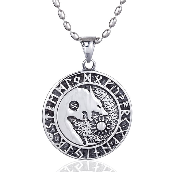 ZMY Home Stainless Steel Necklace - Fenrir and Elder Futhark Alphabet Pendant - Norse Mythology Inspired Round Dog Tag Jewelry