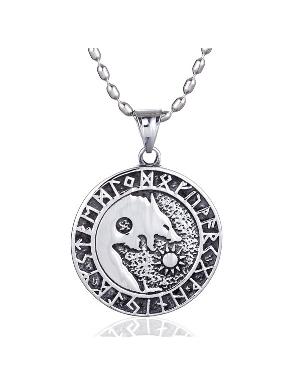 Stainless Steel Necklace - Fenrir and Elder Futhark Alphabet Pendant - Norse Mythology Inspired Round Dog Tag Jewelry