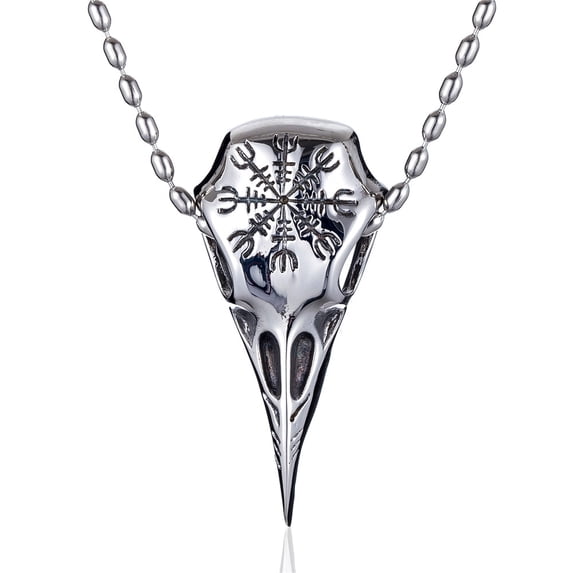 ZMY Home Stainless Steel Necklace - Raven Skull Pendant with Runic Compass Engraving - Nordic Odin Culture Jewelry