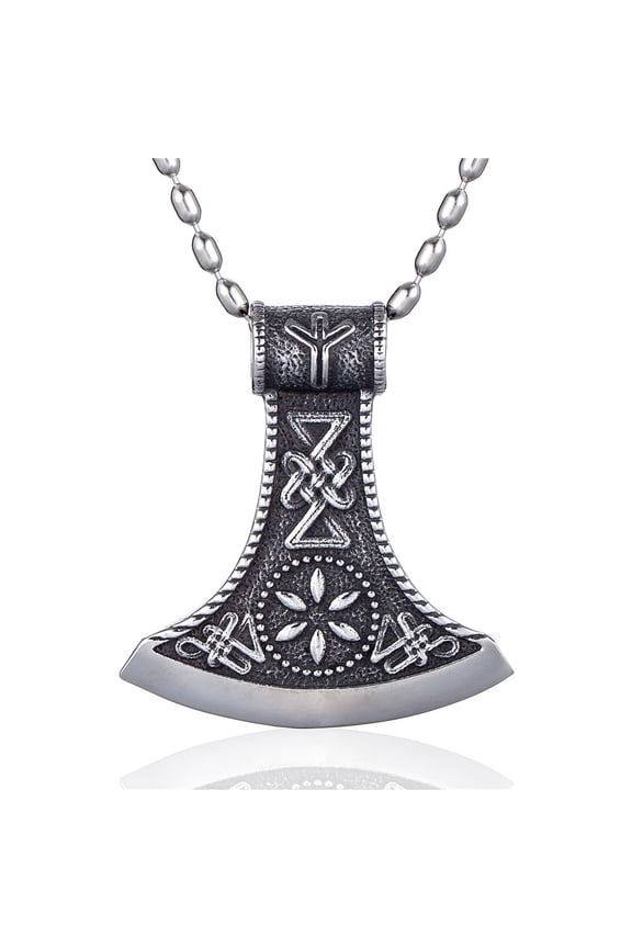 Stainless Steel Necklace - Viking Axe Head Pendant with Celtic Knot Design Norse Mythology Jewelry