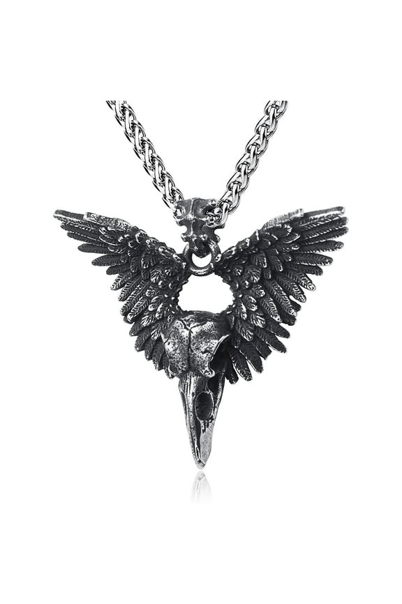 Stainless Steel Party Jewelry Edgy Wings Raven Skull Pendant Necklace for Men