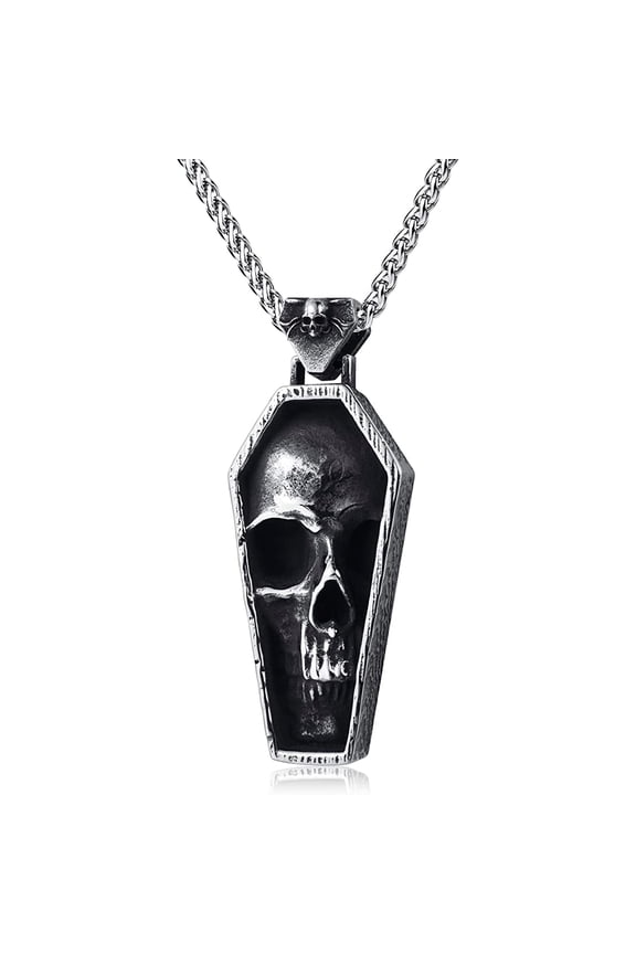 Stainless Steel Skull Coffin Pendant Necklace with Long Chain (Men's)